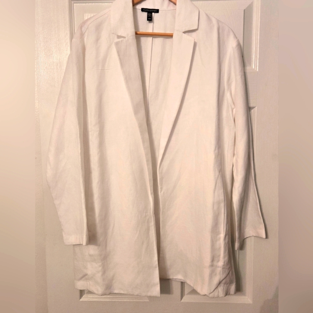 Eileen Fisher Linen Blend White Open Front Long Blazer